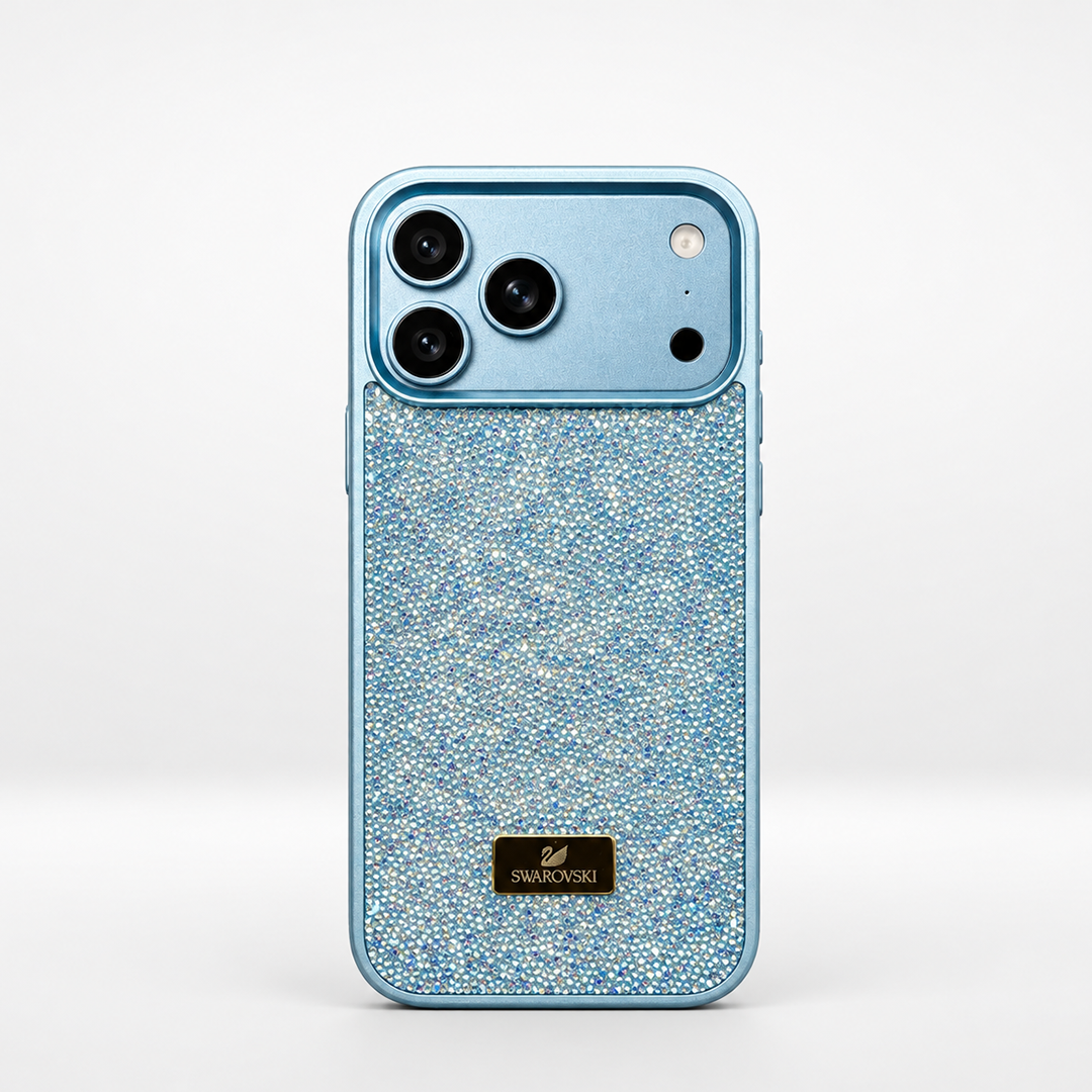 Luxury Crystal Sparkle Phone Case for iPhone – Premium Full Rhinestone Protective Cover with Metallic Logo Plate